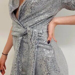 Zara Silver Shiny Jumpsuit | Size Medium